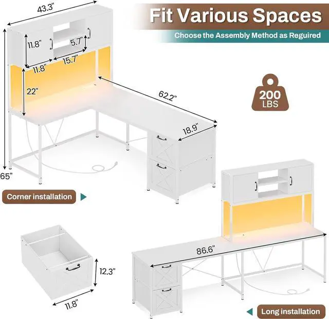 Alt view image 2 of 7 - SEDETA White L Shaped Office Desk, Farmhouse Home Office Desk with Fabric File Drawers and Power Outlet, Corner Gaming Desk with LED Lights, Hutch and Storage Shelves