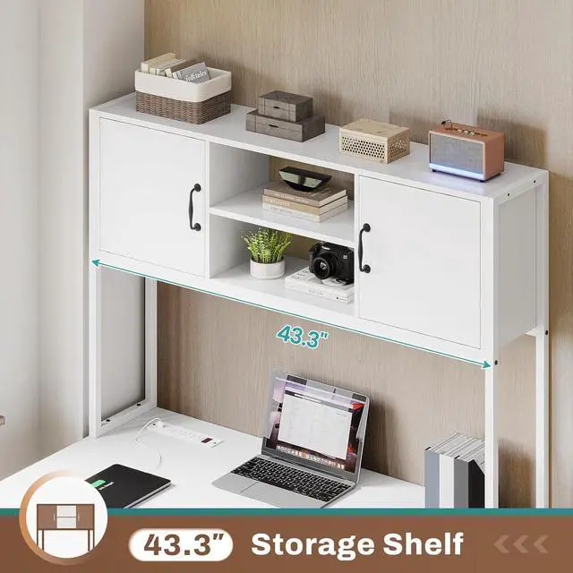 Alt view image 5 of 7 - SEDETA White L Shaped Office Desk, Farmhouse Home Office Desk with Fabric File Drawers and Power Outlet, Corner Gaming Desk with LED Lights, Hutch and Storage Shelves