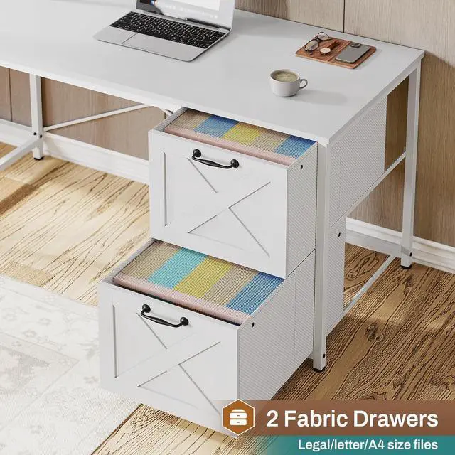 Alt view image 6 of 7 - SEDETA White L Shaped Office Desk, Farmhouse Home Office Desk with Fabric File Drawers and Power Outlet, Corner Gaming Desk with LED Lights, Hutch and Storage Shelves
