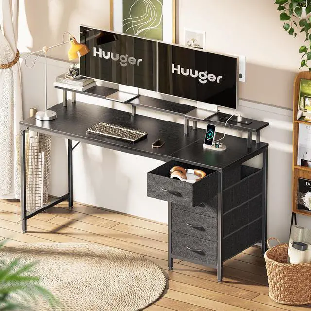 Alt view image 2 of 7 - Huuger 55 Inch Computer Desk with Power Outlets and LED Lights, Gaming Desk with 4 Drawers, Office Desk with Monitor Stand, Study Work Home Office, Black