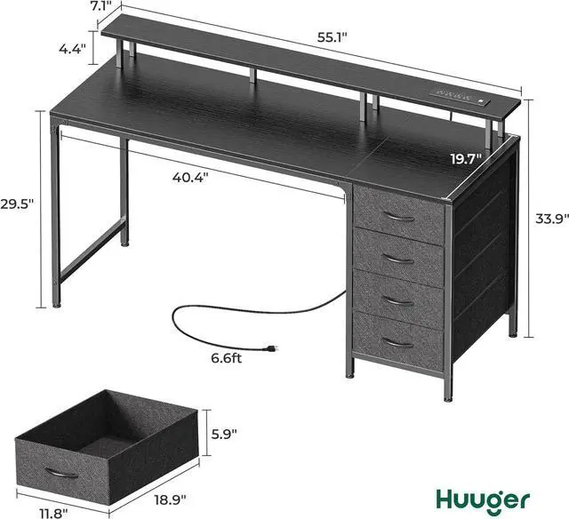 Alt view image 3 of 7 - Huuger 55 Inch Computer Desk with Power Outlets and LED Lights, Gaming Desk with 4 Drawers, Office Desk with Monitor Stand, Study Work Home Office, Black