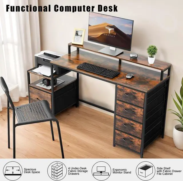 Alt view image 3 of 7 - TOPSKY Compact Computer Desk with Storage Shelf/Cloth File Drawer for Letter Size/Monitor Stand Study Table for Home Office (Rustic Brown, 62.4 inch)
