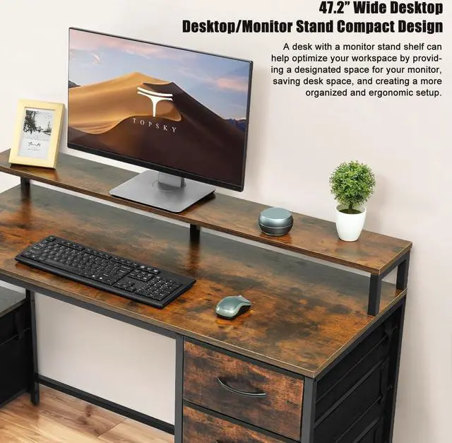 Alt view image 4 of 7 - TOPSKY Compact Computer Desk with Storage Shelf/Cloth File Drawer for Letter Size/Monitor Stand Study Table for Home Office (Rustic Brown, 62.4 inch)