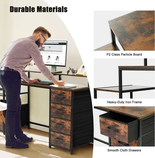 Alt view image 7 of 7 - TOPSKY Compact Computer Desk with Storage Shelf/Cloth File Drawer for Letter Size/Monitor Stand Study Table for Home Office (Rustic Brown, 62.4 inch)