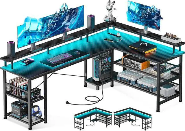 Main image of ODK 66" L Shaped Gaming Desk with Power Outlet and LED Lights, PC Gaming Table with USB Ports, Reversible L Shape Desk with Storage Shelves & Monitor Stand, Home Office Desk, Black Carbon Fiber