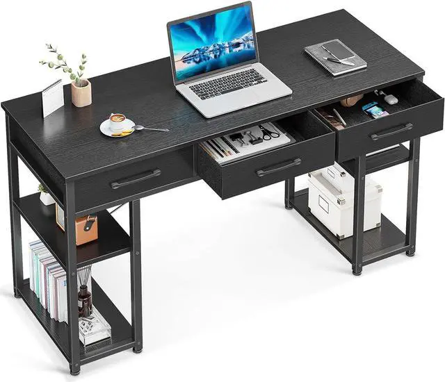 Main image of ODK Office Small Computer Desk: Home Table with Fabric Drawers & Storage Shelves, Modern Writing Desk, Black, 48"x16"