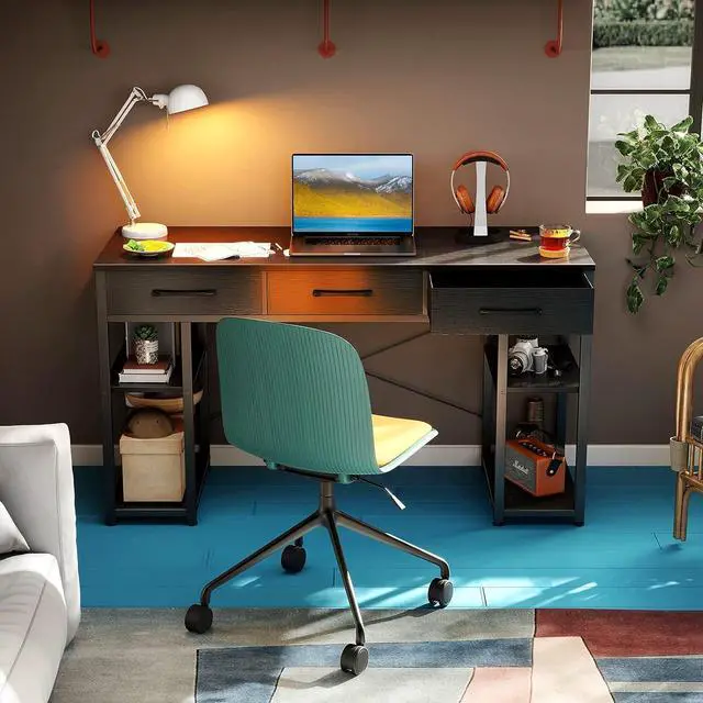 Alt view image 2 of 7 - ODK Office Small Computer Desk: Home Table with Fabric Drawers & Storage Shelves, Modern Writing Desk, Black, 48"x16"