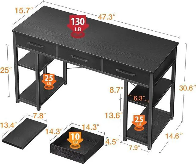 Alt view image 3 of 7 - ODK Office Small Computer Desk: Home Table with Fabric Drawers & Storage Shelves, Modern Writing Desk, Black, 48"x16"