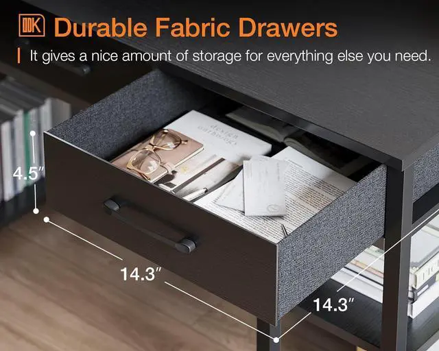 Alt view image 6 of 7 - ODK Office Small Computer Desk: Home Table with Fabric Drawers & Storage Shelves, Modern Writing Desk, Black, 48"x16"