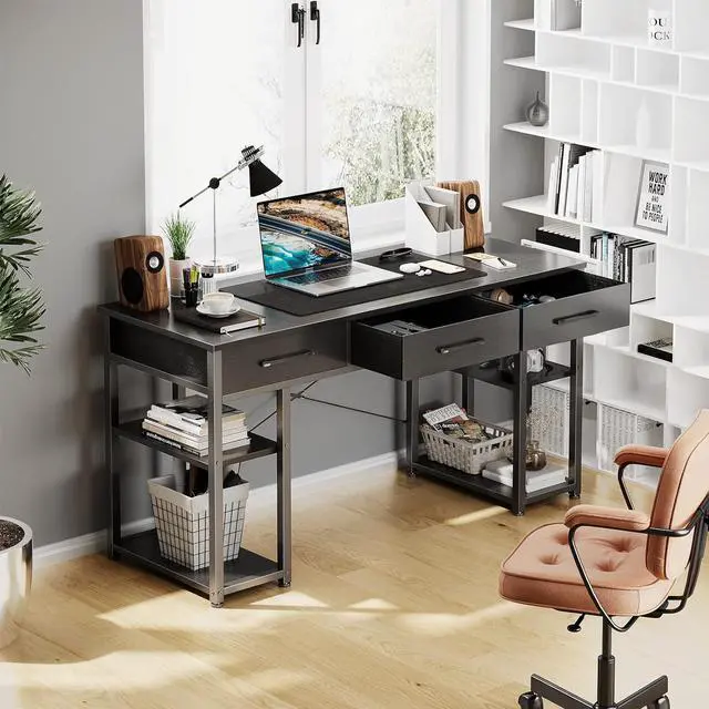 Alt view image 7 of 7 - ODK Office Small Computer Desk: Home Table with Fabric Drawers & Storage Shelves, Modern Writing Desk, Black, 48"x16"