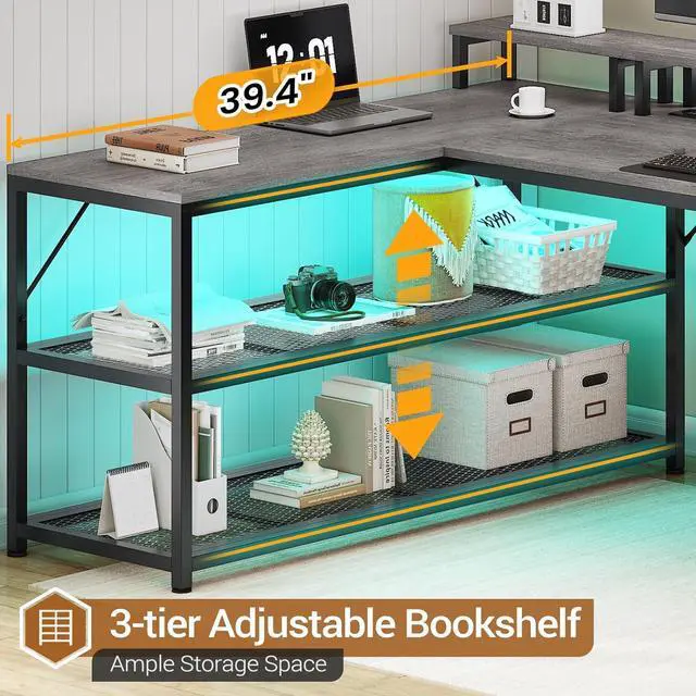 Alt view image 5 of 7 - SEDETA 67" L Shaped Desk with Drawers, Computer Office Desk with Storage Shelves & Power Outlet, Reversible Gaming Desk with LED Lights for Home Office, Grey
