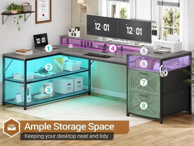 Alt view image 6 of 7 - SEDETA 67" L Shaped Desk with Drawers, Computer Office Desk with Storage Shelves & Power Outlet, Reversible Gaming Desk with LED Lights for Home Office, Grey