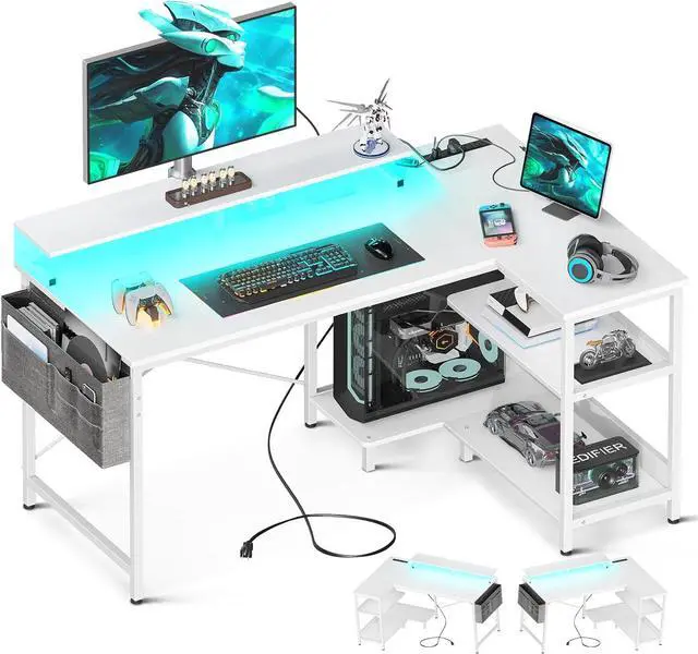 Main image of ODK 48 Inch Gaming Desk with USB Charging Ports and LED Lights, Reversible L Shaped Computer Desk with Storage Shelves & Monitor Stand, Corner Home Office Desk Table with Power Outlets, White