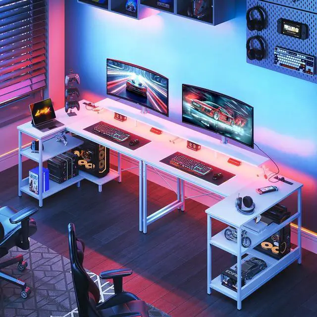 Alt view image 2 of 7 - ODK 48 Inch Gaming Desk with USB Charging Ports and LED Lights, Reversible L Shaped Computer Desk with Storage Shelves & Monitor Stand, Corner Home Office Desk Table with Power Outlets, White