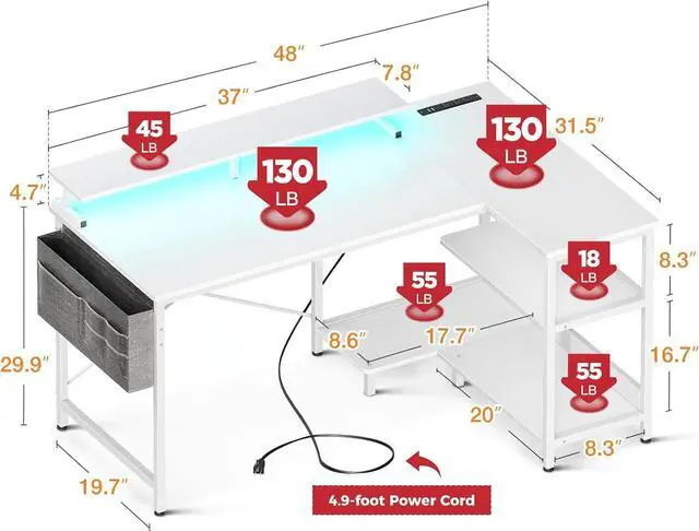 Alt view image 3 of 7 - ODK 48 Inch Gaming Desk with USB Charging Ports and LED Lights, Reversible L Shaped Computer Desk with Storage Shelves & Monitor Stand, Corner Home Office Desk Table with Power Outlets, White