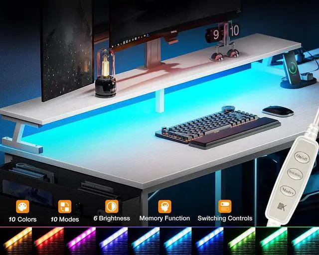 Alt view image 5 of 7 - ODK 48 Inch Gaming Desk with USB Charging Ports and LED Lights, Reversible L Shaped Computer Desk with Storage Shelves & Monitor Stand, Corner Home Office Desk Table with Power Outlets, White