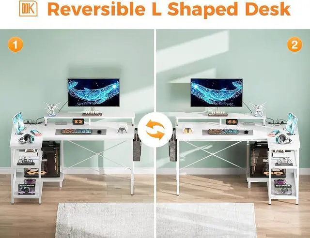 Alt view image 6 of 7 - ODK 48 Inch Gaming Desk with USB Charging Ports and LED Lights, Reversible L Shaped Computer Desk with Storage Shelves & Monitor Stand, Corner Home Office Desk Table with Power Outlets, White