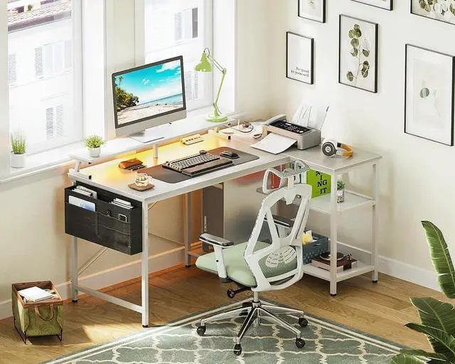 Alt view image 7 of 7 - ODK 48 Inch Gaming Desk with USB Charging Ports and LED Lights, Reversible L Shaped Computer Desk with Storage Shelves & Monitor Stand, Corner Home Office Desk Table with Power Outlets, White