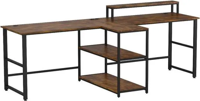Alt view image 4 of 7 - SEDETA 94.5" Home Office Desks, Computer Gaming Desk with Storage, LED Lights, Power Strip with USB, Keyboard Tray & Monitor Stand, Extra Long Double Desk for 2 Person, Rustic Brown