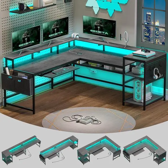 Main image of SEDETA L Shaped Gaming Desk, Convertible 96" Home Office Desk or Corner Desk, L Shaped Table with Power Outlets & LED Strip, Monitor Stand, Keyboard Tray, Pegboard and Storage Shelves, Grey