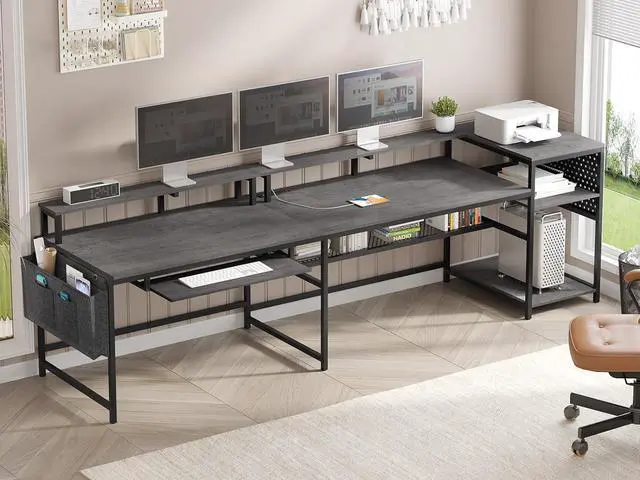 Alt view image 2 of 7 - SEDETA L Shaped Gaming Desk, Convertible 96" Home Office Desk or Corner Desk, L Shaped Table with Power Outlets & LED Strip, Monitor Stand, Keyboard Tray, Pegboard and Storage Shelves, Grey