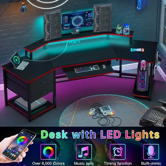 Alt view image 6 of 7 - SEDETA 79" Gaming Desk, Computer Desk with 2 Fabric Drawers & LED Light, L Shaped Gaming Desk with Storage Shelf for Home Office, Carbon Fiber Black&Red