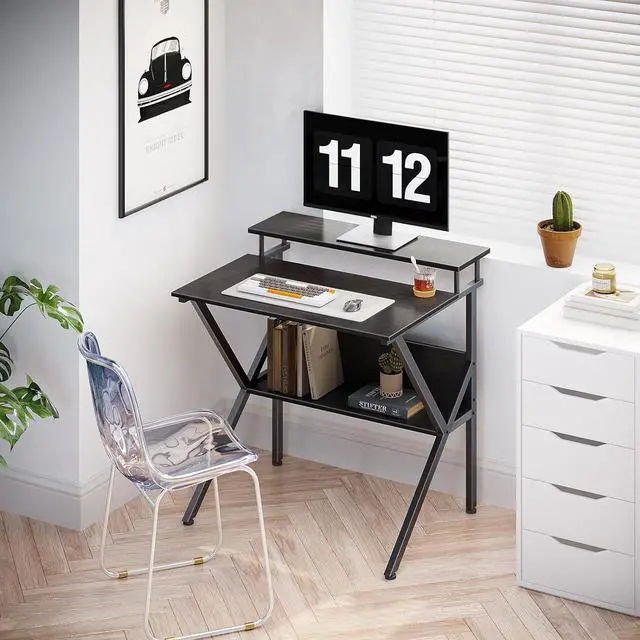Alt view image 7 of 7 - ODK Small Computer Desk, 27.5 Inch, Compact Tiny Study Desk with Storage and Monitor Stand for Home Office, Small Spaces, Black