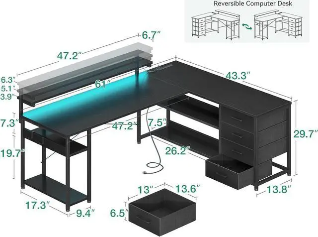 Alt view image 3 of 7 - 61" L Shaped Desk with Drawer, Computer Desk with Power Outlets & LED Lights, Reversible Corner Gaming Desk for Home Office Workstation, Office Desk with Monitor Shelf, Pure Black