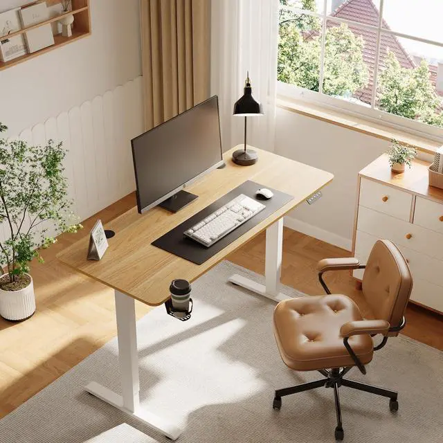 Alt view image 2 of 6 - FitStand Adjustable Stand Up Desk with Memory Preset, Standing Desk 55 x 24 Inch Electric Stand Up Desk Home Office Desk Computer Workstation Sit Stand Desk, Splice Maple Top + White Frame