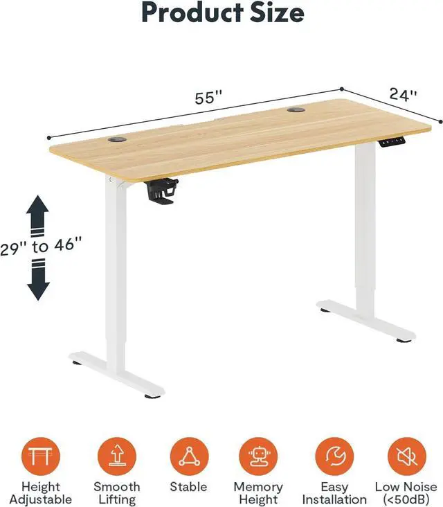 Alt view image 3 of 6 - FitStand Adjustable Stand Up Desk with Memory Preset, Standing Desk 55 x 24 Inch Electric Stand Up Desk Home Office Desk Computer Workstation Sit Stand Desk, Splice Maple Top + White Frame