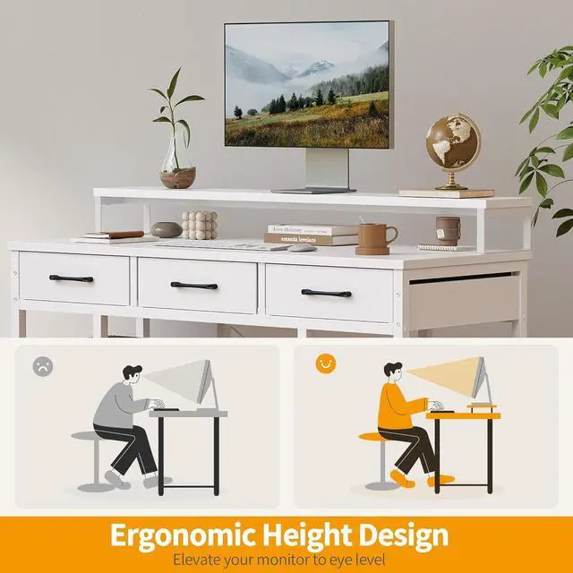 Alt view image 4 of 7 - CubiCubi 47 Inch Computer Desk with 3 Drawers and Storage Shelves, Small Home Office Desk with Monitor Stand, Study Writing Table for Bedroom, White