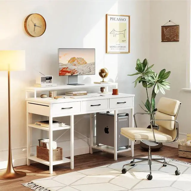Alt view image 2 of 7 - CubiCubi 47 Inch Computer Desk with 3 Drawers and Storage Shelves, Small Home Office Desk with Monitor Stand, Study Writing Table for Bedroom, White