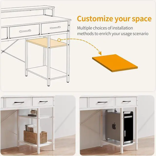 Alt view image 7 of 7 - CubiCubi 47 Inch Computer Desk with 3 Drawers and Storage Shelves, Small Home Office Desk with Monitor Stand, Study Writing Table for Bedroom, White