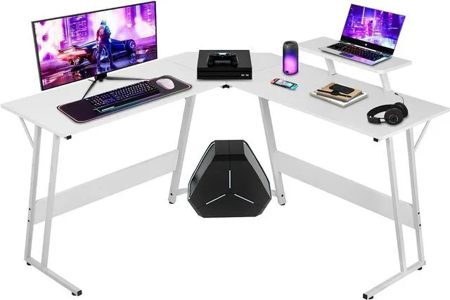 Main image of NChanmar L Shaped Gaming Desk with Monitor Riser Stand, Home Office Corner Desk for Studying, Working and Gaming, Large Desktop, White