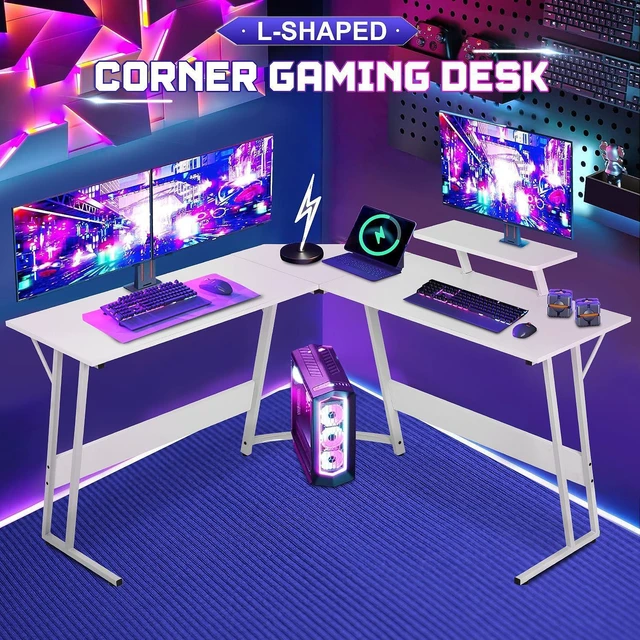 Alt view image 3 of 7 - NChanmar L Shaped Gaming Desk with Monitor Riser Stand, Home Office Corner Desk for Studying, Working and Gaming, Large Desktop, White