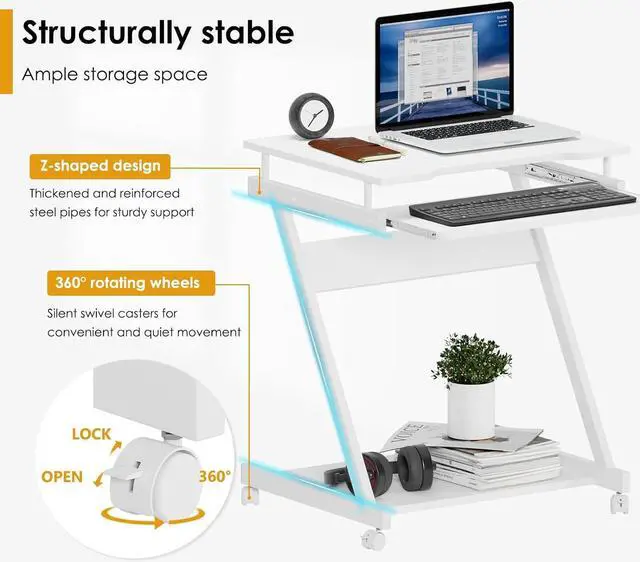 Alt view image 6 of 7 - Need Rolling Computer Desk Mobile Desk Laptop Stand Desk with Sliding Keyboard for Home Office,23.6 Inches White DX-8110WT-ND