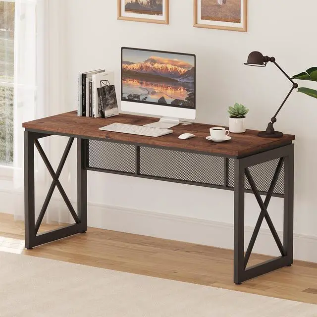Main image of BON AUGURE 60 Inch Computer Desk for Home Office, Industrial Metal Wood Desk, Farmhouse Large Writing Desk, Modern Sturdy Gaming Desk (Rustic Oak)