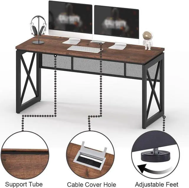 Alt view image 6 of 7 - BON AUGURE 60 Inch Computer Desk for Home Office, Industrial Metal Wood Desk, Farmhouse Large Writing Desk, Modern Sturdy Gaming Desk (Rustic Oak)