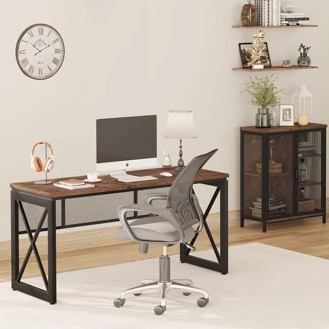 Alt view image 7 of 7 - BON AUGURE 60 Inch Computer Desk for Home Office, Industrial Metal Wood Desk, Farmhouse Large Writing Desk, Modern Sturdy Gaming Desk (Rustic Oak)