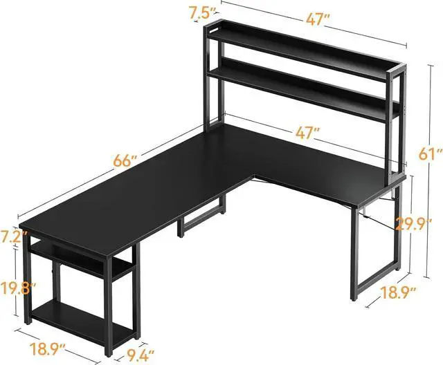 Alt view image 3 of 7 - L Shaped Gaming Desk with Hutch, Computer Desk with Storage Shelves, 66" L Shaped Desk for Home Office, Corner Desk with Headphone Hook, Black