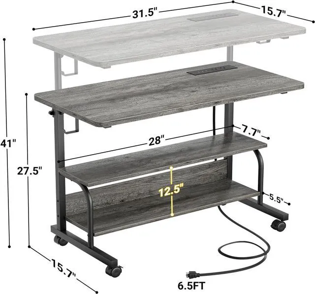 Alt view image 3 of 7 - 32" Height Adjustable Standing Desk with Power Outlets - Manual Rolling Stand Up Desk with Wheels Small Portable Computer Desk Mobile Laptop Table with Storage Shelves for Home Office, Grey Oak
