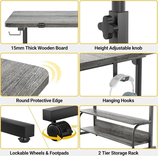 Alt view image 5 of 7 - 32" Height Adjustable Standing Desk with Power Outlets - Manual Rolling Stand Up Desk with Wheels Small Portable Computer Desk Mobile Laptop Table with Storage Shelves for Home Office, Grey Oak