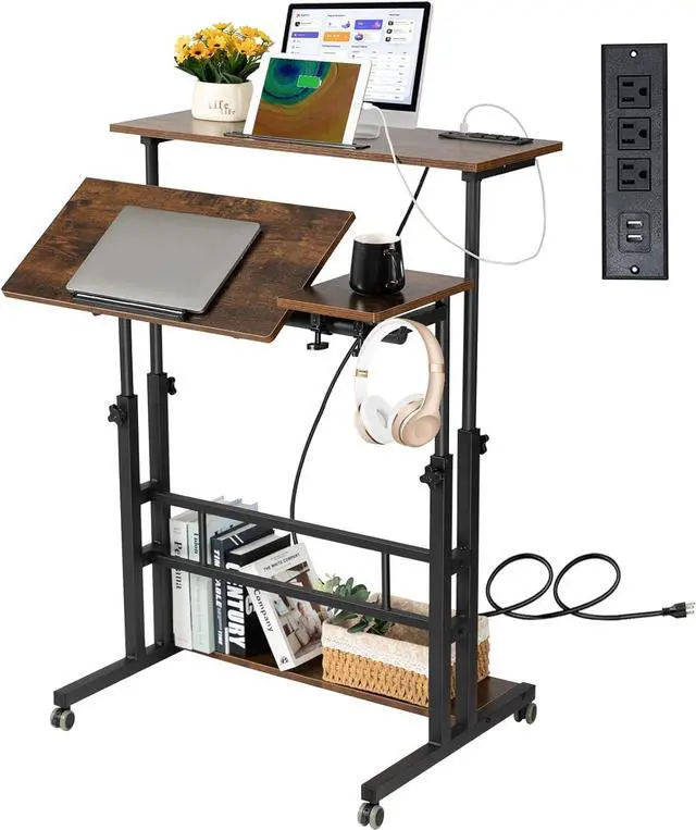 Main image of Hadulcet Mobile Standing Desk Adjustable Height, Rolling Desk Stand Up Desk, Mobile Laptop Desk, Rolling Computer Desk with Charging Station, Portable Desk with Wheels, Rustic Brown