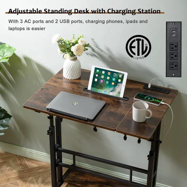 Alt view image 5 of 7 - Hadulcet Mobile Standing Desk Adjustable Height, Rolling Desk Stand Up Desk, Mobile Laptop Desk, Rolling Computer Desk with Charging Station, Portable Desk with Wheels, Rustic Brown