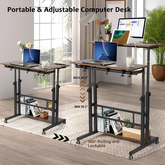 Alt view image 3 of 7 - Hadulcet Mobile Standing Desk Adjustable Height, Rolling Desk Stand Up Desk, Mobile Laptop Desk, Rolling Computer Desk with Charging Station, Portable Desk with Wheels, Rustic Brown