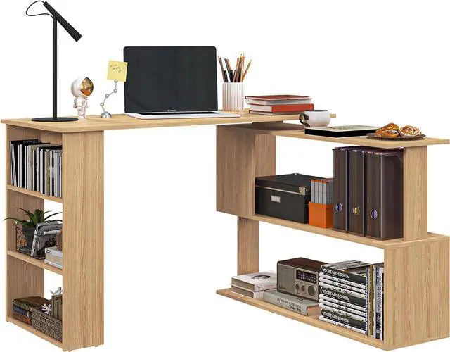 Main image of HOMCOM L Shaped Corner Desk, 360 Degree Rotating Home Office Desk with Storage Shelves, Writing Table Workstation, Maple