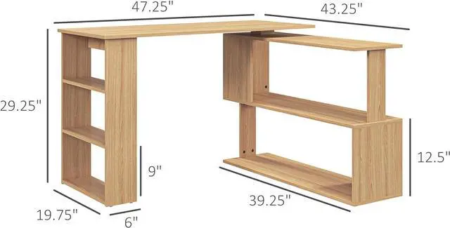 Alt view image 3 of 7 - HOMCOM L Shaped Corner Desk, 360 Degree Rotating Home Office Desk with Storage Shelves, Writing Table Workstation, Maple