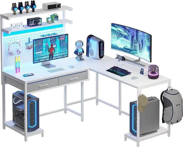 Main image of SEDETA White L Shaped Gaming Desk with LED Lights and Drawers, Gaming Desk with Hutch & Pegboard, Computer Desk with Monitor Stand, Storage Shelves, Home Office Desk Corner Desk, Gaming Table