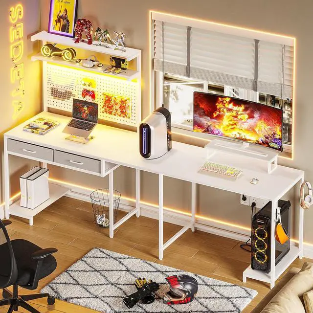 Alt view image 2 of 7 - SEDETA White L Shaped Gaming Desk with LED Lights and Drawers, Gaming Desk with Hutch & Pegboard, Computer Desk with Monitor Stand, Storage Shelves, Home Office Desk Corner Desk, Gaming Table