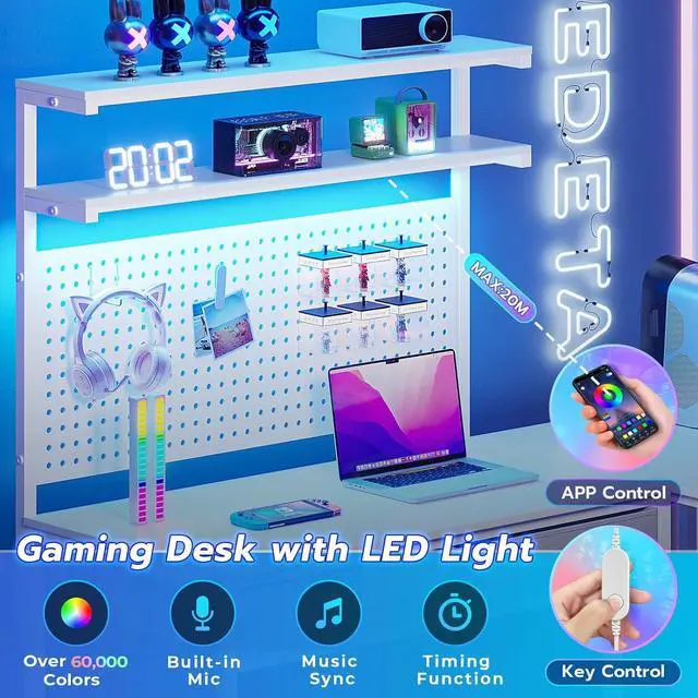 Alt view image 7 of 7 - SEDETA White L Shaped Gaming Desk with LED Lights and Drawers, Gaming Desk with Hutch & Pegboard, Computer Desk with Monitor Stand, Storage Shelves, Home Office Desk Corner Desk, Gaming Table